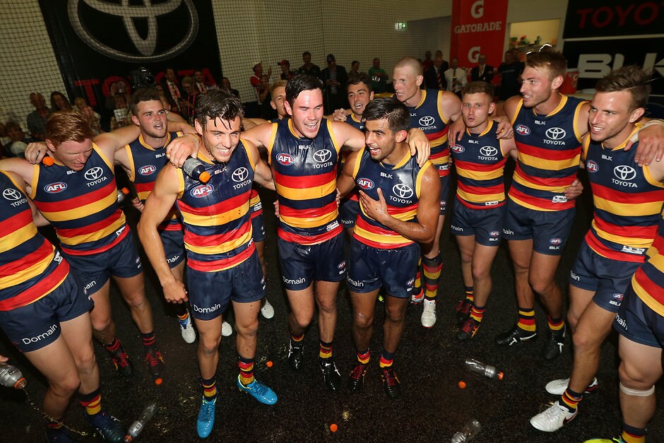 AFL 2016 Rd 02 - Adelaide v Port Adelaide ADELAIDE, AUSTRALIA - APRIL 2: Paul Seedsman, Mitch McGovern and Wayne Milera of the Crows during the 2016 AFL Round 02 match between the Adelaide Crows and Port Adelaide Power at the Adelaide Oval, Adelaide on April 2, 2016. (Photo by James Elsby/AFL Media)